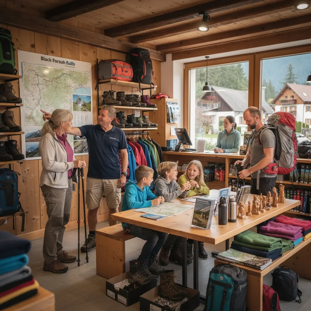 Ein Geländewagen fährt durch den Schwarzwald, umgeben von hohen Bäumen und üppigem Grün.