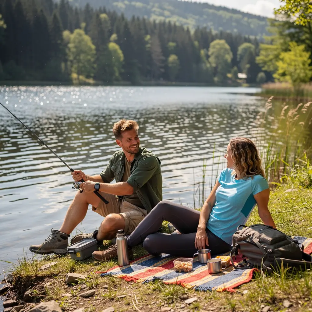 Ein Gruppenfoto von Touristen, die mit Wanderzubehör und Rucksäcken vor einer rustikalen Berghütte posieren.