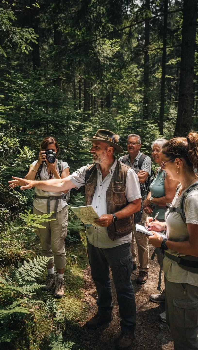 Ein Blick auf einen schmalen Waldweg, der von Sonnenstrahlen durchflutet wird und zu einem versteckten Wasserfall führt.