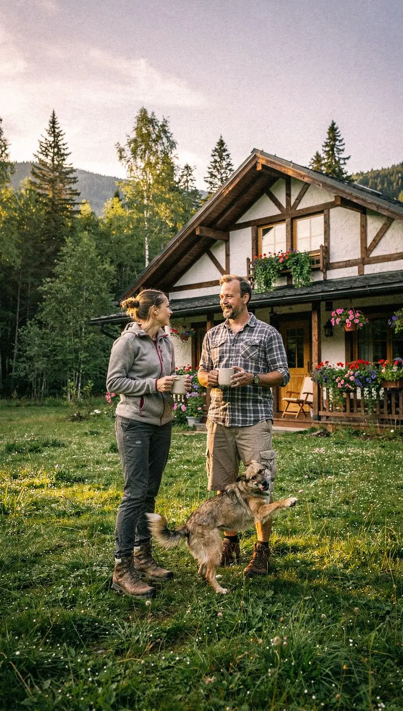 Ein Familienausflug mit Kindern, die fröhlich in der Natur spielen, während die Eltern die Umgebung erkunden.